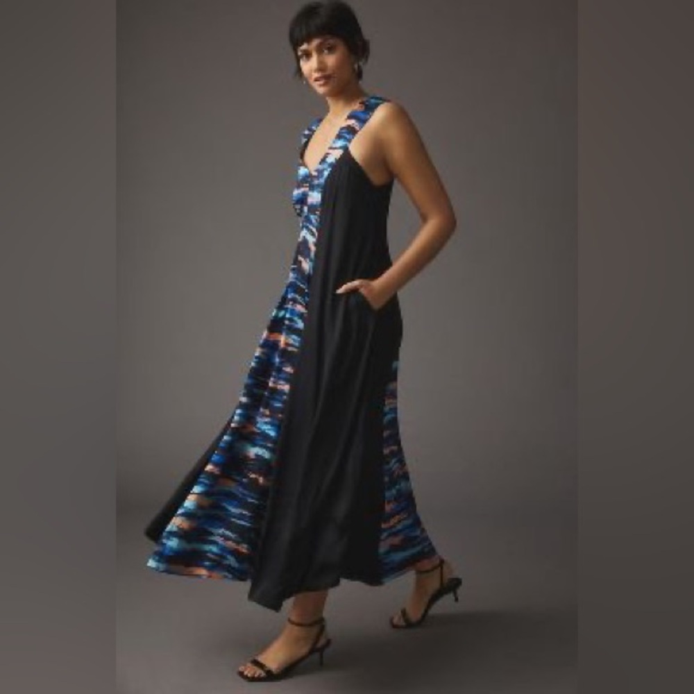 Maeve by Anthropologie Sz 16W NWT v-neck maxi abstract contrast orange black